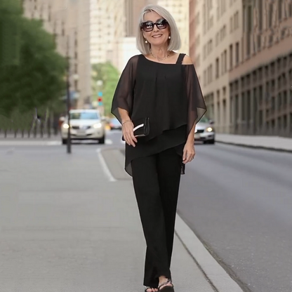 ⏳Spécial à durée limitée⏰Ensemble 2 pièces pour femme composé d'un haut en mousseline asymétrique et d'un pantalon large👚👖