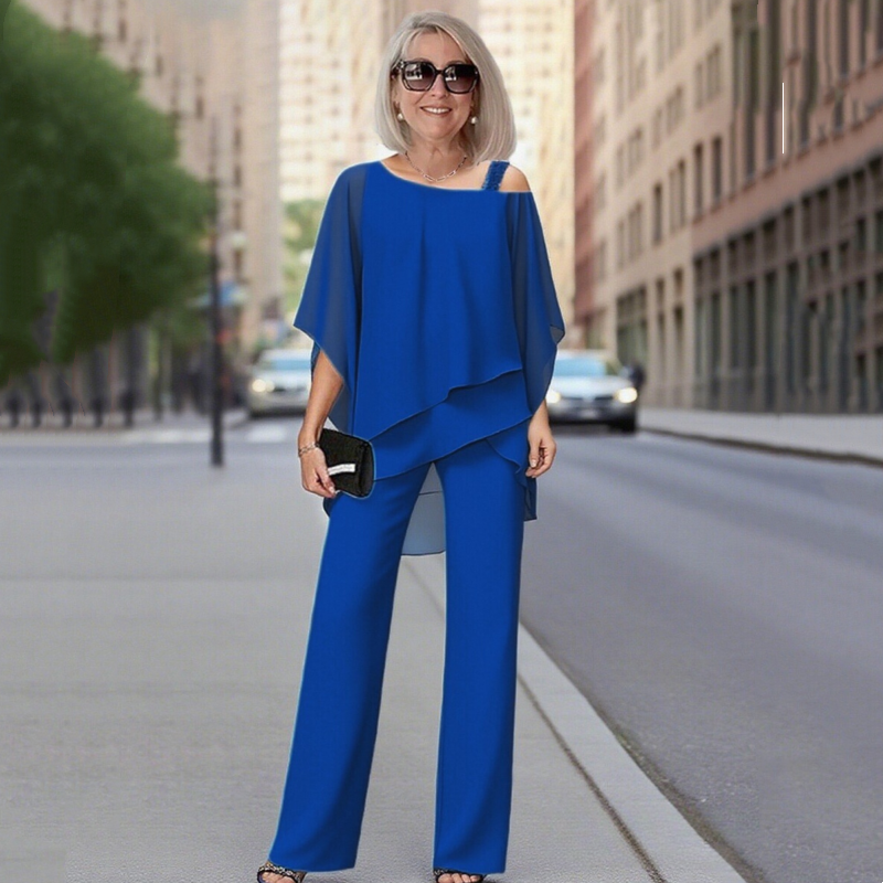 ⏳Spécial à durée limitée⏰Ensemble 2 pièces pour femme composé d'un haut en mousseline asymétrique et d'un pantalon large👚👖