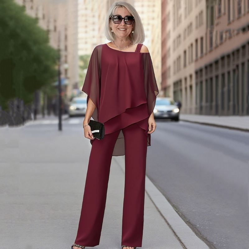 ⏳Spécial à durée limitée⏰Ensemble 2 pièces pour femme composé d'un haut en mousseline asymétrique et d'un pantalon large👚👖
