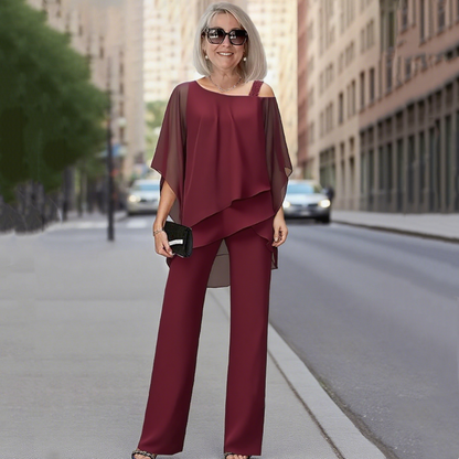 ⏳Spécial à durée limitée⏰Ensemble 2 pièces pour femme composé d'un haut en mousseline asymétrique et d'un pantalon large👚👖