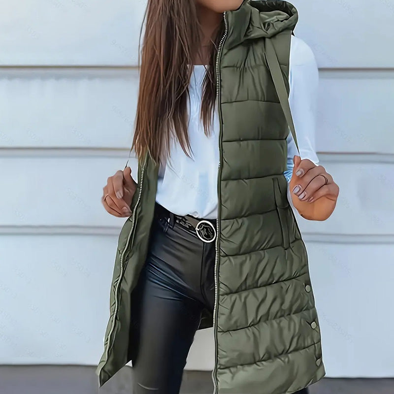 🔥SOLDES 50 % DE RÉDUCTION🎁Doudoune longue zippée pour femme👗 | Couleur unie | Sans manches | À capuche | Vêtements d'hiver 💕