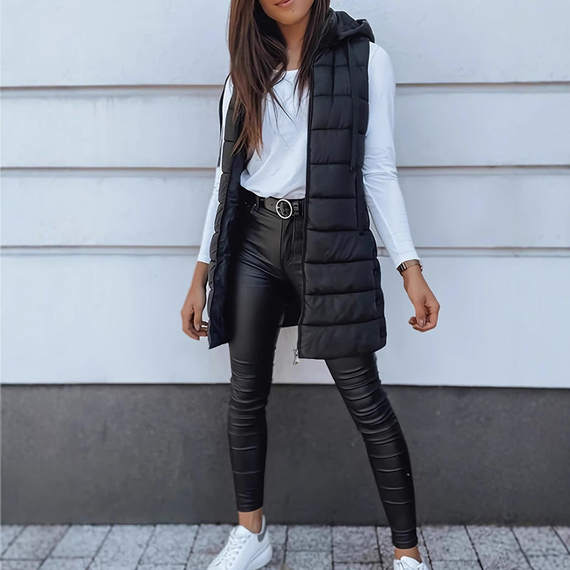 🔥SOLDES 50 % DE RÉDUCTION🎁Doudoune longue zippée pour femme👗 | Couleur unie | Sans manches | À capuche | Vêtements d'hiver 💕