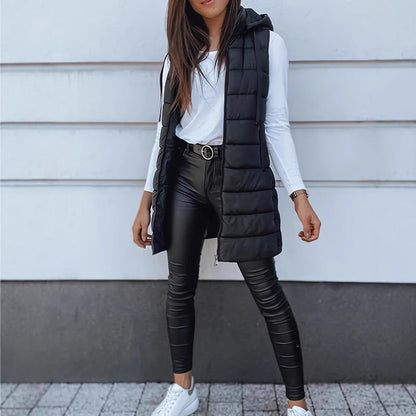 🔥SOLDES 50 % DE RÉDUCTION🎁Doudoune longue zippée pour femme👗 | Couleur unie | Sans manches | À capuche | Vêtements d'hiver 💕