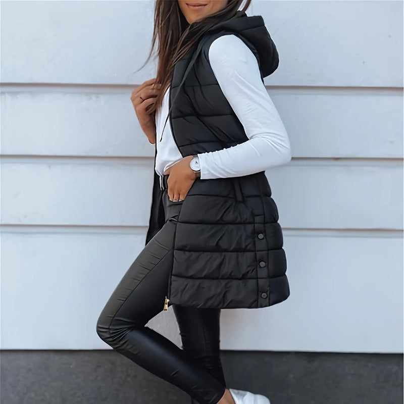 🔥SOLDES 50 % DE RÉDUCTION🎁Doudoune longue zippée pour femme👗 | Couleur unie | Sans manches | À capuche | Vêtements d'hiver 💕