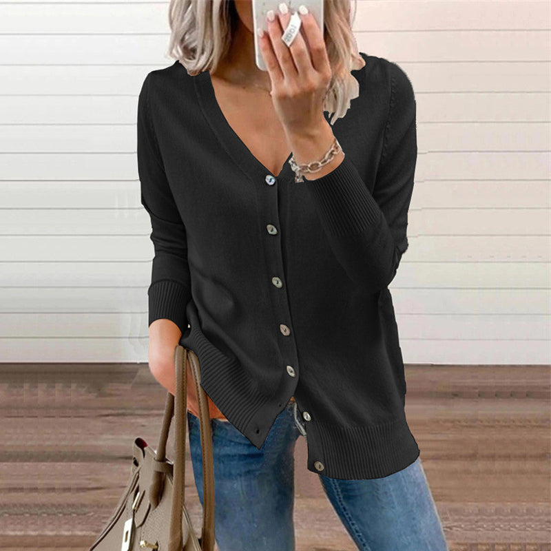 🔥Nouveautés d'automne - 49% de réduction🔥Haut en tricot unicolore avec boutons et col en V pour femmes