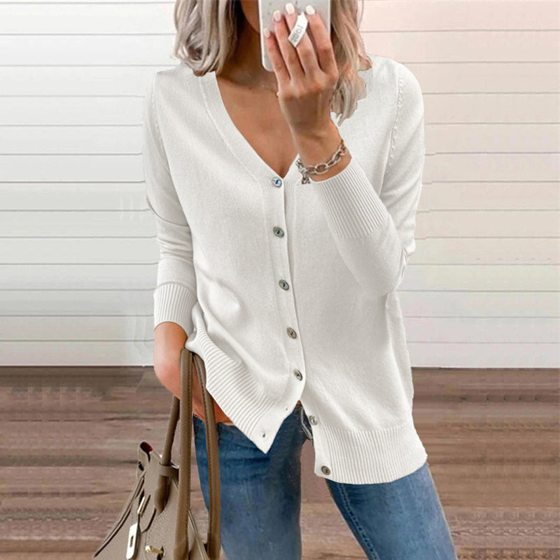 🔥Nouveautés d'automne - 49% de réduction🔥Haut en tricot unicolore avec boutons et col en V pour femmes