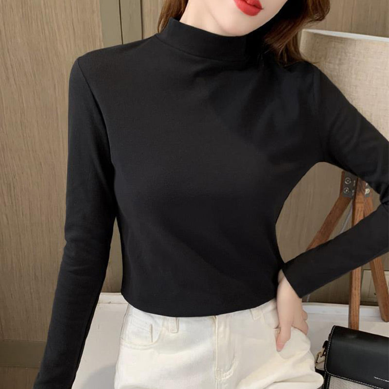🏆Haut confortable uni à manches longues et col mi-haut pour femme🌿🌿