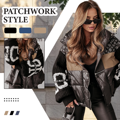 Blouson bouffant à capuche à manches en tricot patchwork pour femme