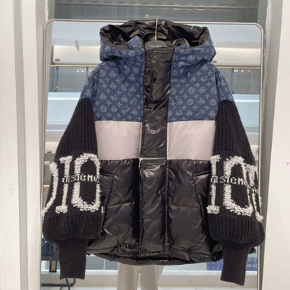 Blouson bouffant à capuche à manches en tricot patchwork pour femme