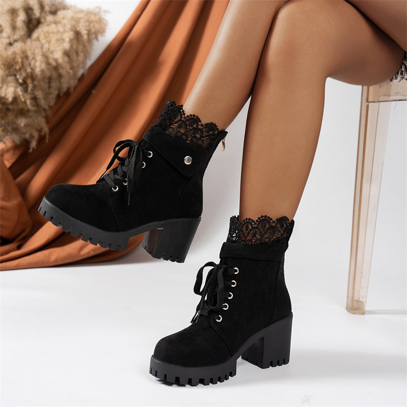 Bottines Femme à Talon Épaissi et Lacets