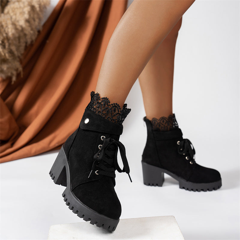 Bottines Femme à Talon Épaissi et Lacets