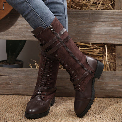 Bottes militaires vintage pour femmes avec lacets et boucle