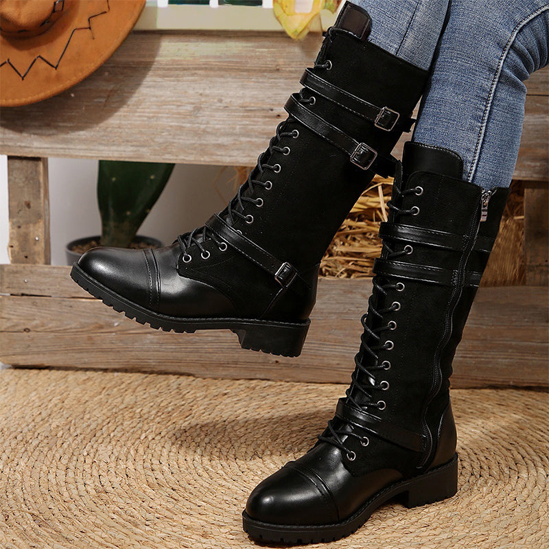 Bottes militaires vintage pour femmes avec lacets et boucle