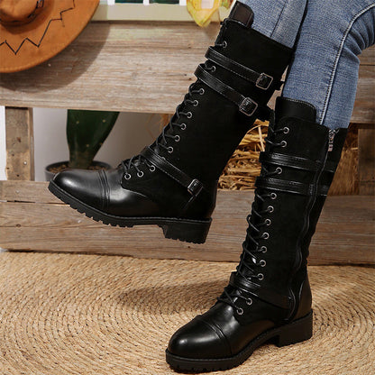 Bottes militaires vintage pour femmes avec lacets et boucle