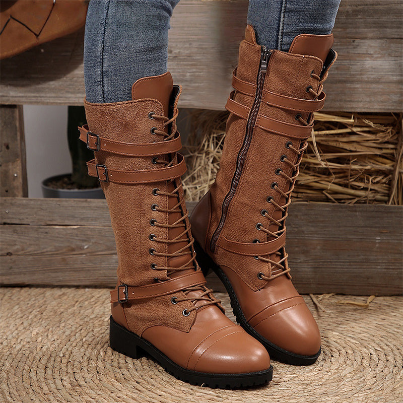 Bottes militaires vintage pour femmes avec lacets et boucle