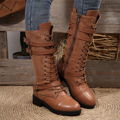 Bottes militaires vintage pour femmes avec lacets et boucle