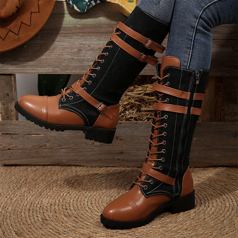 Bottes militaires vintage pour femmes avec lacets et boucle