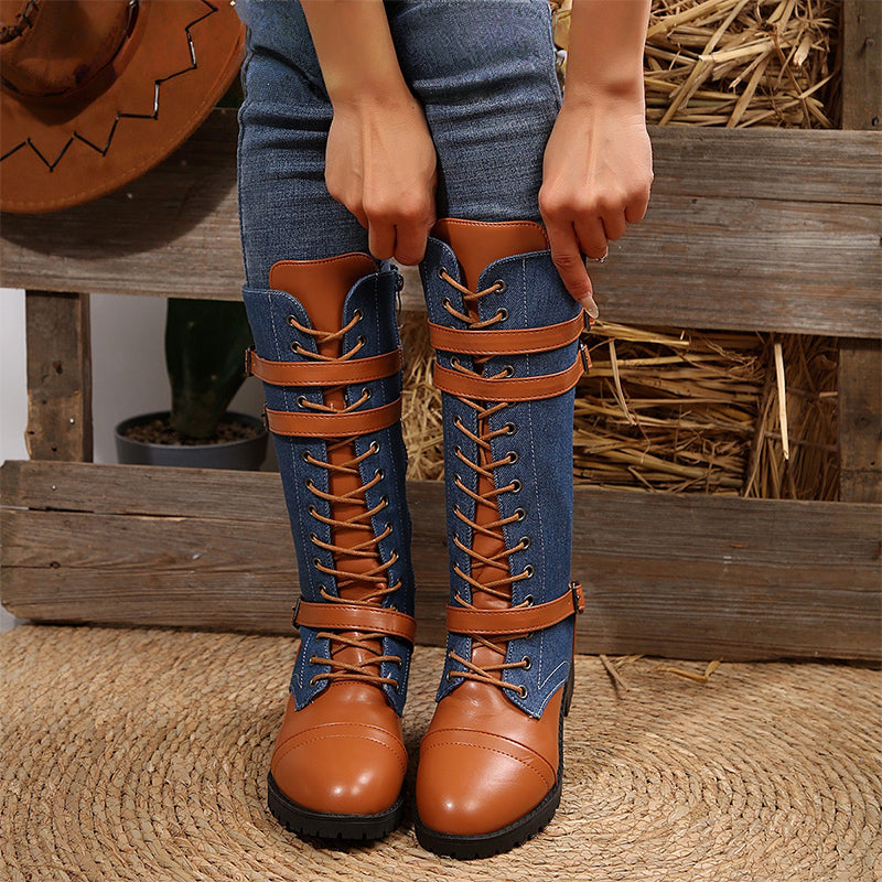 Bottes militaires vintage pour femmes avec lacets et boucle