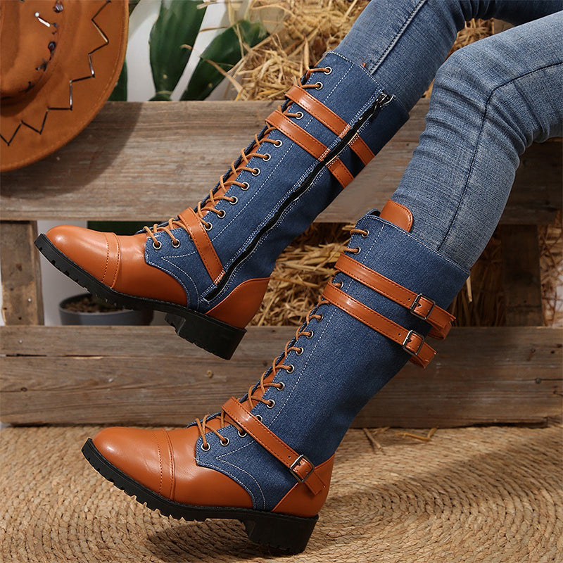 Bottes militaires vintage pour femmes avec lacets et boucle