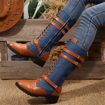 Bottes militaires vintage pour femmes avec lacets et boucle