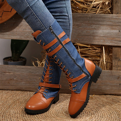 Bottes militaires vintage pour femmes avec lacets et boucle