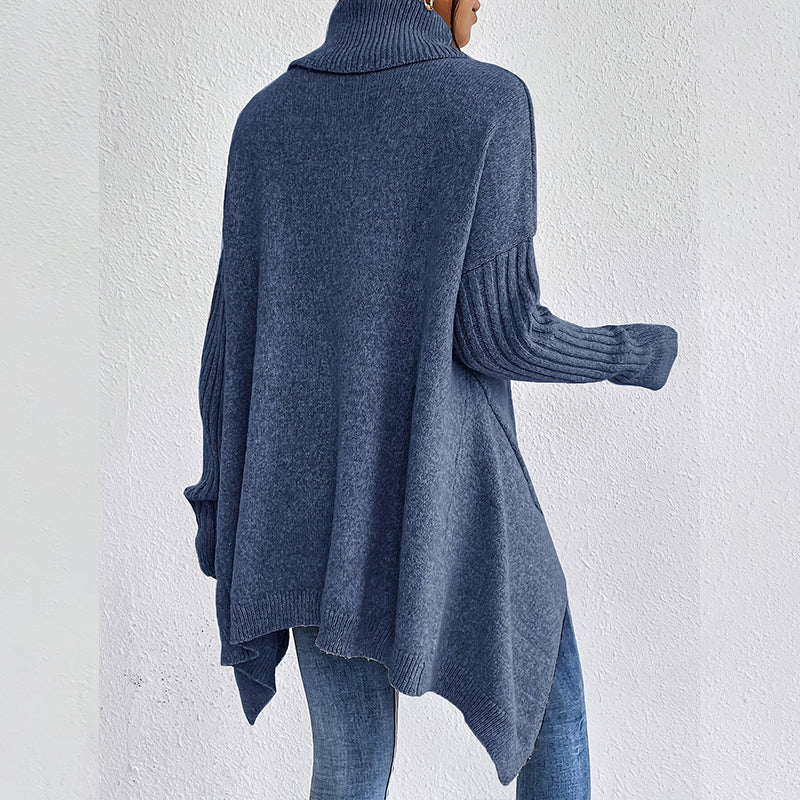 💖Pull femme tendance de couleur unie avec épaules tombantes, col montant et grosse maille