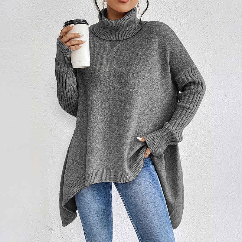 💖Pull femme tendance de couleur unie avec épaules tombantes, col montant et grosse maille