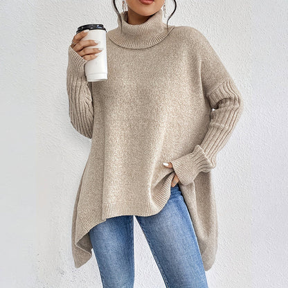 💖Pull femme tendance de couleur unie avec épaules tombantes, col montant et grosse maille