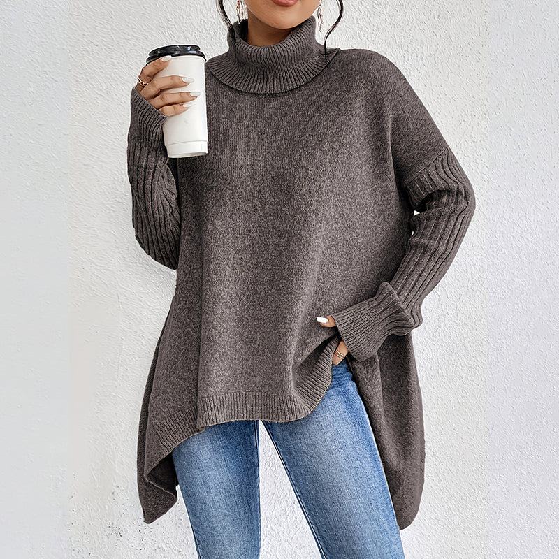 💖Pull femme tendance de couleur unie avec épaules tombantes, col montant et grosse maille