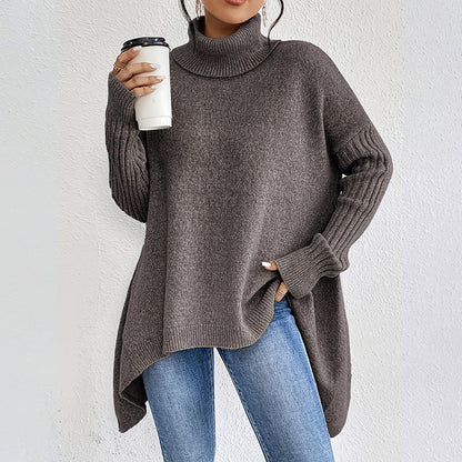 💖Pull femme tendance de couleur unie avec épaules tombantes, col montant et grosse maille