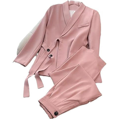 Ensemble 2 Pièces Bureau Femme : Blazer à Nœud Devant et Pantalon Palazzo