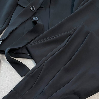 Ensemble 2 Pièces Bureau Femme : Blazer à Nœud Devant et Pantalon Palazzo