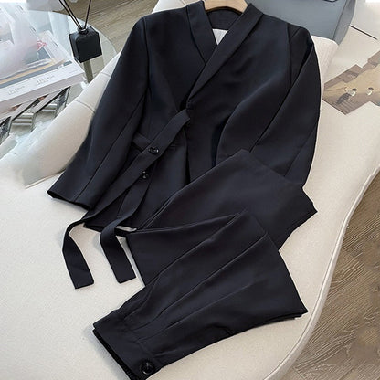 Ensemble 2 Pièces Bureau Femme : Blazer à Nœud Devant et Pantalon Palazzo