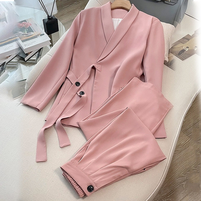 Ensemble 2 Pièces Bureau Femme : Blazer à Nœud Devant et Pantalon Palazzo