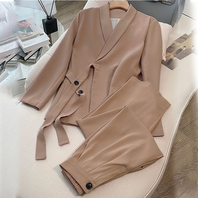 Ensemble 2 Pièces Bureau Femme : Blazer à Nœud Devant et Pantalon Palazzo