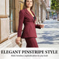 Ensemble 2 pièces chic bordeaux à fines rayures pour femme : blazer cintré à la taille et pantalon à jambes larges