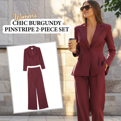 Ensemble 2 pièces chic bordeaux à fines rayures pour femme : blazer cintré à la taille et pantalon à jambes larges