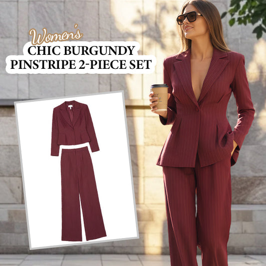 Ensemble 2 pièces chic bordeaux à fines rayures pour femme : blazer cintré à la taille et pantalon à jambes larges