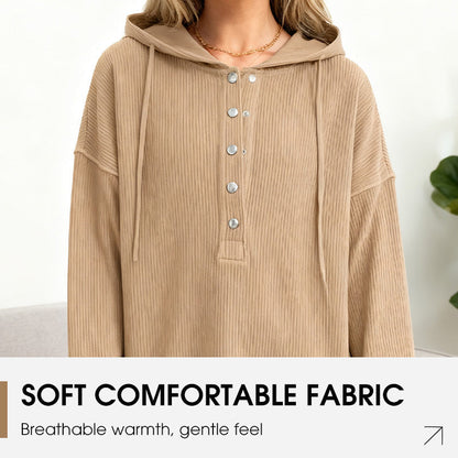 👚🌾 Sweat capuche femme col V – Boutons réglables, silhouette flatteuse, idéal à porter seul ou superposé pour un look effortless 🍂🕊️