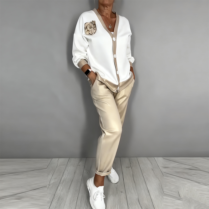 🔥Offre à durée limitée - 💃Ensemble 2 pièces pour femme composé d'un haut décolleté en V décontracté et d'un pantalon taille haute