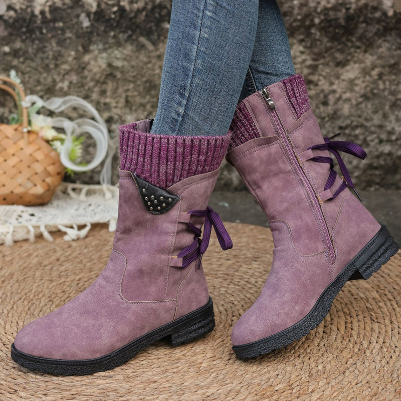 Bottes mi-mollet élégantes pour femmes avec revers tricoté confortable