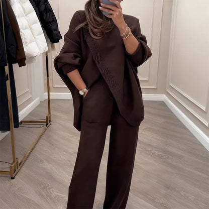 🔥 59 % DE RÉDUCTION ! NOUVEAU ! Ensemble 2 pièces femme – Pull asymétrique + pantalon large, coupe ample et tissu doux, ultra confortable 👚✨ ✅ Livraison gratuite