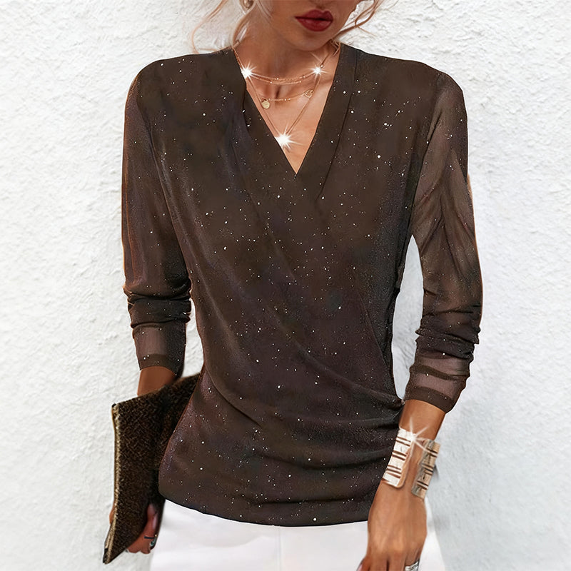 Haut à manches longues et encolure en V croisée Sparkle pour femmes