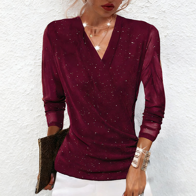Haut à manches longues et encolure en V croisée Sparkle pour femmes