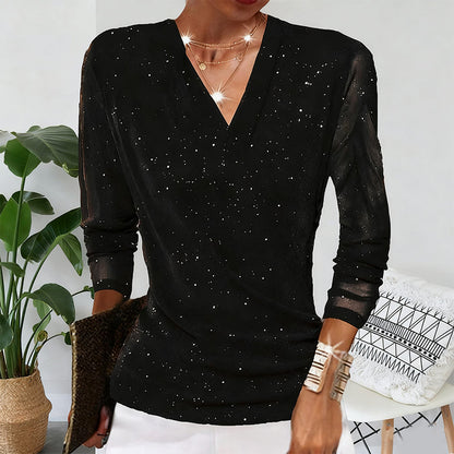 Haut à manches longues et encolure en V croisée Sparkle pour femmes