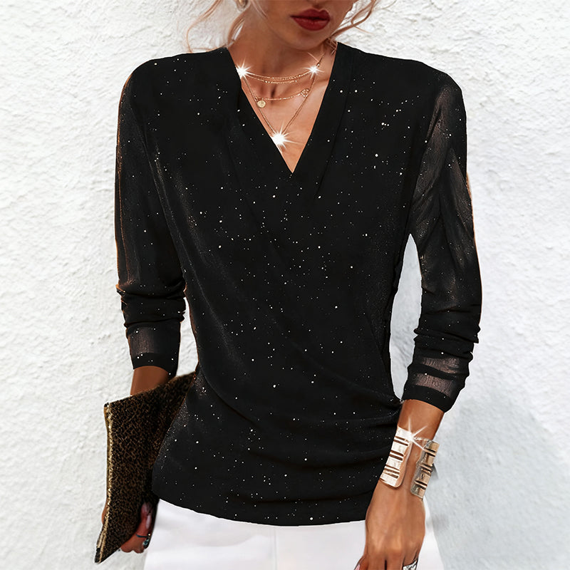 Haut à manches longues et encolure en V croisée Sparkle pour femmes