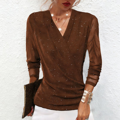 Haut à manches longues et encolure en V croisée Sparkle pour femmes