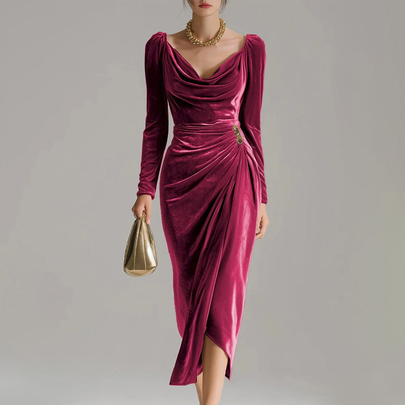 ❄️ Soldes d'hiver - 49 % de réduction 👗👚Robe à manches longues avec col, froncée et fendue