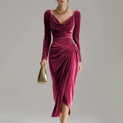 ❄️ Soldes d'hiver - 49 % de réduction 👗👚Robe à manches longues avec col, froncée et fendue