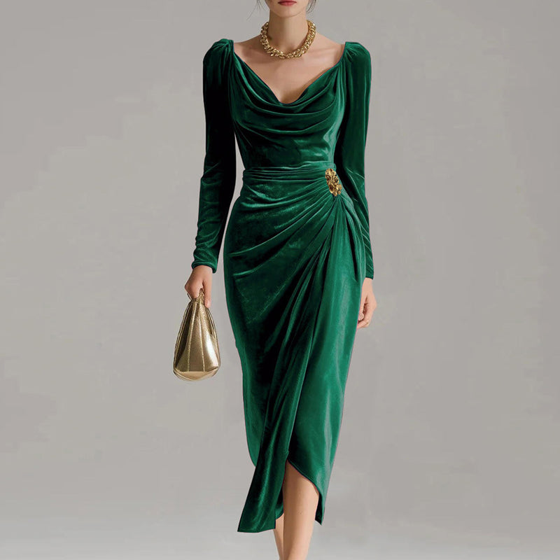 ❄️ Soldes d'hiver - 49 % de réduction 👗👚Robe à manches longues avec col, froncée et fendue